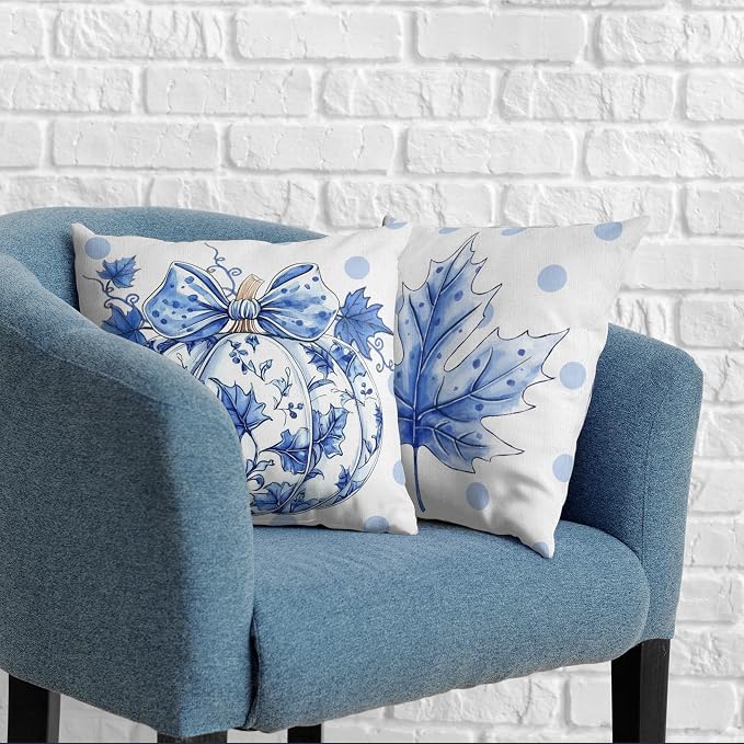 Fall Pillow Covers Blue and White Porcelain Maple Leaf Pumpkin Throw Pillow Covers 18x18 Set of 2 Autumn Blue Polka Dot Pillowcase Thanksgiving Cushion Case for Couch Sofa