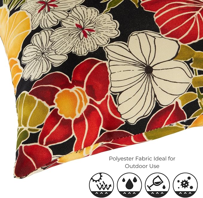Set of 2 Outdoor Throw Pillows 19 x 12 Inch – Reversible Rectangle Patio Accent Pillows – Weather-Resistant Polyester Fabric – Eco-Friendly Recycled Polyfiber Fill – Aloha Black Floral