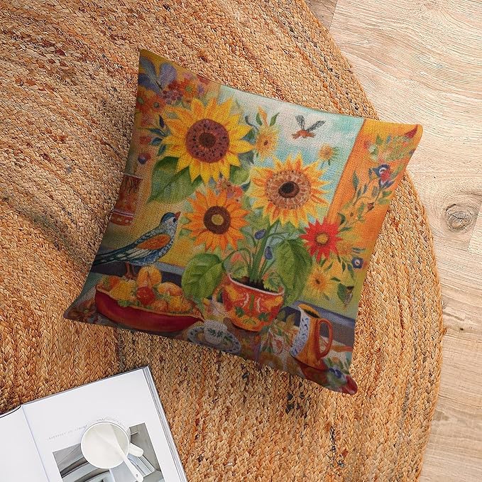 Decorative Pillows for Bed Colorful Painting of Sunflowers Pillowcases 18"x18" Butterfly Sunflower Linen Pillow Cover Decor for Sofa CouchThrow Pillow Covers Decorative Outdoor Linen Pillow Covers