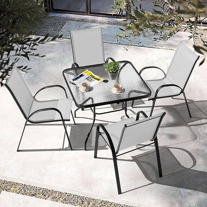 NUU GARDEN 5 Piece Patio Dining Set, 31.5 Inch Square Metal Table with Umbrella Hole and 4 Stackable Chairs, Outdoor Dining Furniture for Lawn Balcony Garden, Gray and Black