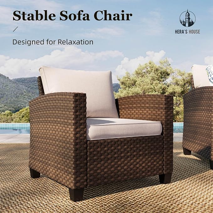HERA'S HOUSE Wicker Patio Furniture Set, 7 Pieces Outdoor Seating Furniture, Patio Conversation Sofa Sets with Ottomans for Backyard Lawn Deck, Beige