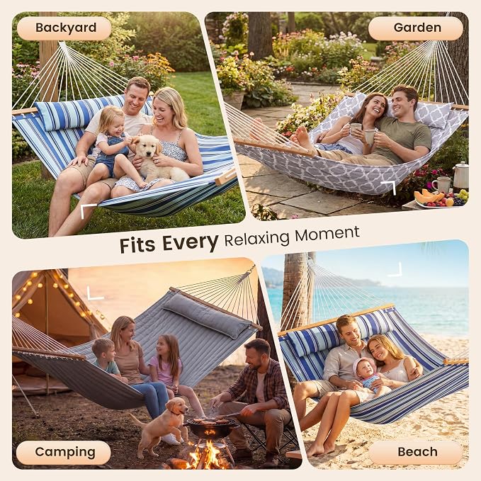 Everyfun Double Hammock with Spreader Bar,Soft Pillow,Max Load 500lbs,Portable Hammock for Outdoor,Camping,and Backyard,Mist Gray
