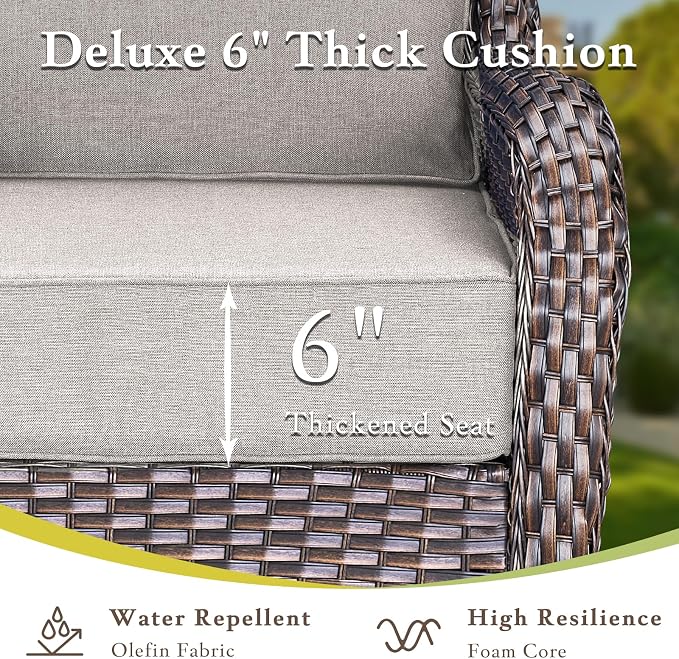 Luxury High Back Outdoor Furniture with 6-inch Extra Thick Cushions, Patio Furniture Set with Fire Pit Table & Swivel Chairs, 7 PCS Wicker Conversation Set for Yard, Deck, Poolside, Brown/Beige