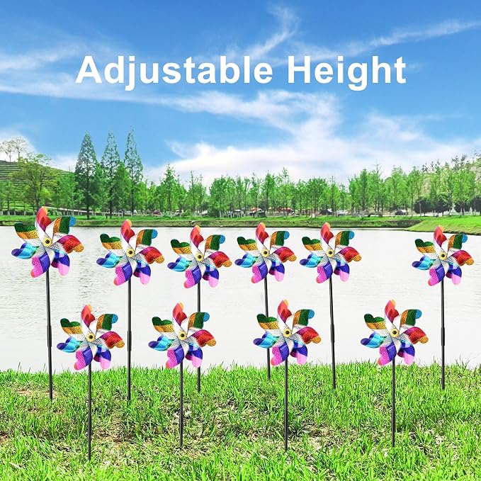 10 Pack Pre-Assembled Pinwheels for Yard and Garden, Colorful | Wind Spinner Measures 19.7'' H x 6.8'' W, Reflective Surface Sparkles In Sunlight, Connect Stakes For Yard, Garden Or Lawn