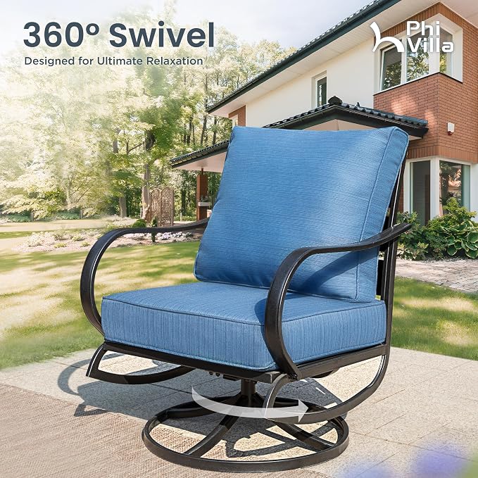 PHI VILLA 5 PCS Patio Furniture Set, Metal Deluxe Patio Set with 1 x 3 Seater Deep Seating Bench, 2 x Swivel Sofa Chairs & 2 x Metal Cushioned Ottoman, Outdoor for Garden, Peacock Blue