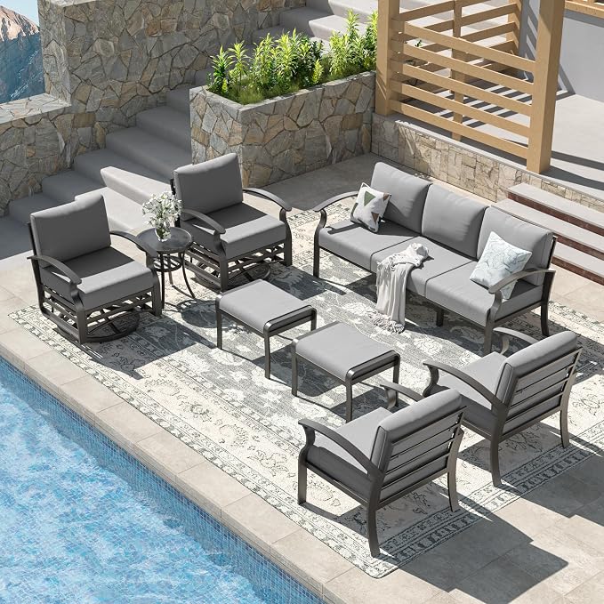Kullavik Aluminum Patio Furniture Set,8 Piece Modern Metal Outdoor Patio Furniture w/5.1'' Thick Cushion,Swivel Chairs and Ottomans,Patio Conversation Sets for Porch,Deck,Grey