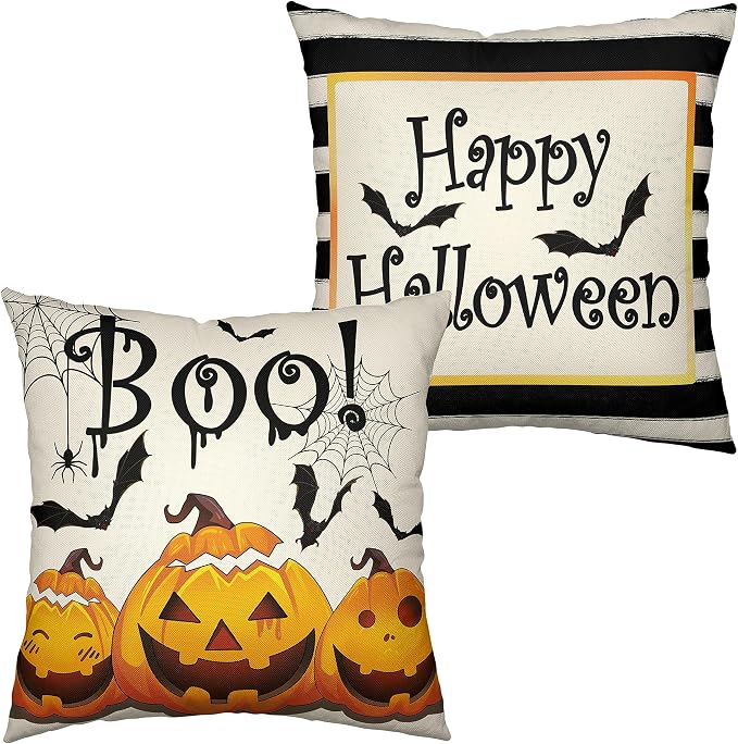 Halloween Decorations Pillow Covers 16x16 Black and White Striped Pillow Case Set of 2 Pumpkin Throw Pillow Covers Bat Spider Web Boo Pillowcase for Couch Sofa Party