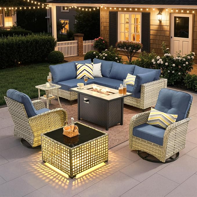9 Pieces Outdoor Sectional Patio Furniture Set with 42" Fire Pit,Conversation Sets Rattan Wicker L Shaped Couch Swivel Rocking Chairs,Modular Outdoor Sofa for Porch Balcony Backyard Blue