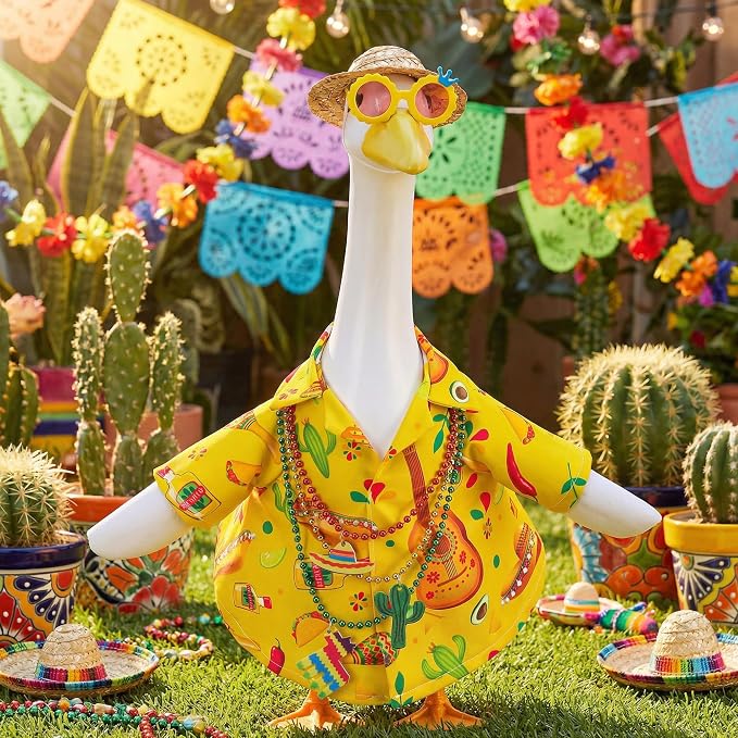 6 Pcs/Set Hawaiian Porch Goose Outfits, Mexican Style Summer Lawn Goose Costume, Garden Goose Clothes Yellow Shirt with Straw Hat Glasses Necklaces for 23" H Statue Outdoor Patio Yard Decor