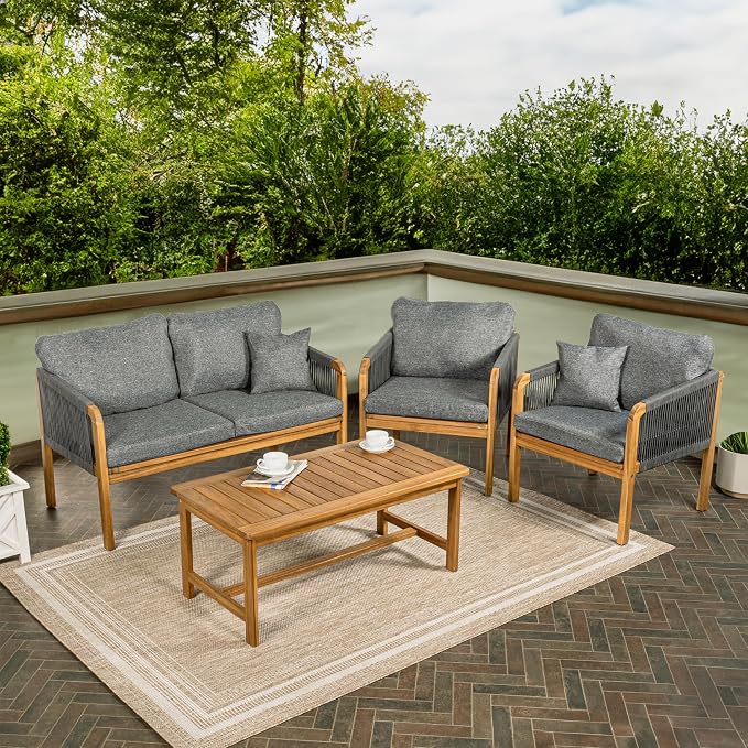 JONATHAN Y Tavira Coastal 4-Piece Teak Brown Acacia Wood Outdoor Patio Set, Woven Rope Conversation Furniture with Coffee Table and Removable Gray Cushions for Backyard, Garden, Porch LVG1202C-4SET