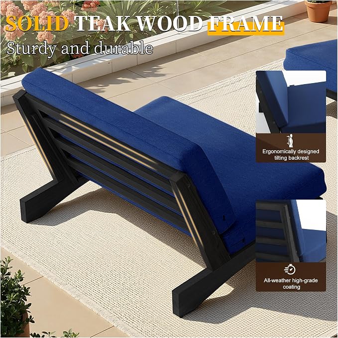 6 Piece Teak Outdoor Patio Frutnire Set, 7 Seater Patio Conversation Sets with Thick Cushions, Outdoor Sectional Furniture with Coffee Table - Navy Blue