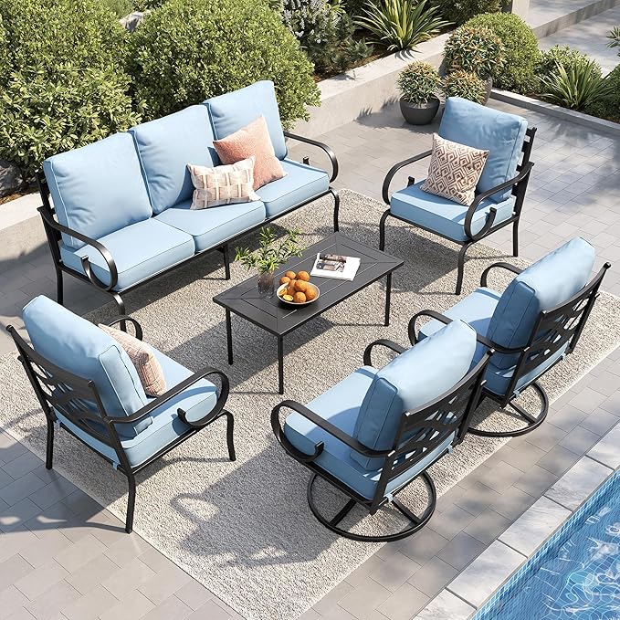 PHI VILLA Patio Furniture Set, 3-Seater Sofa, 2 Fixed Chairs, 2 Swivel Chairs and a Coffee Table, Outdoor Metal Conversation Set with 5.75" Extra Thick Cushion for Garden Backyard Deck, Blue