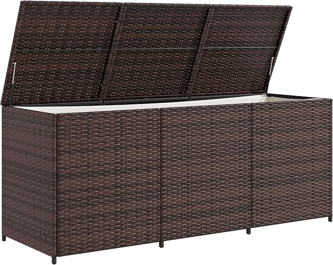 175 Gallon Outdoor Storage Box with Inner Liner, PE Rattan Wicker Deck Box with Bar Lift for Indoor Outdoor, Patio Furniture Cushions, Pool Toys, Garden Tools, Mixed Brown