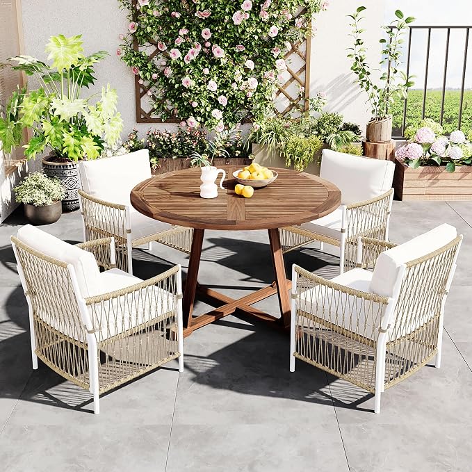 Merax 5 Piece Patio Dining Set, Outdoor Acacia Wood Extendable Round Table with 12 Inch Butterfly Leaf and 4 Rattan Arm Chairs w/Cousions & Pillows for Backyard,Balcony, Garden, Poolside, Natural
