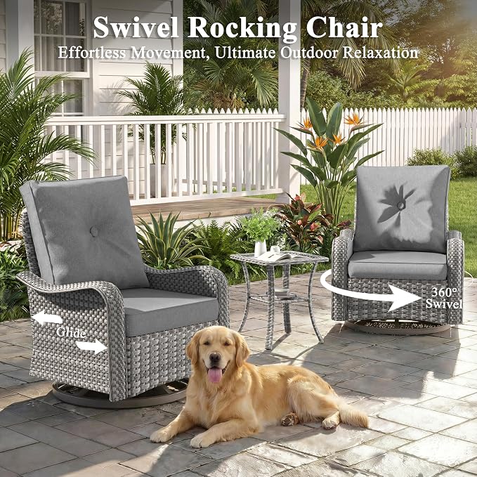 6 Piece Wicker Patio Furniture Set, Swivel Rocking Chairs with 4''Cushions, PE Rattan, Rust Resistant Frame, Double Layer Glass Side Table, for Backyard, Deck or Balcony, Grey