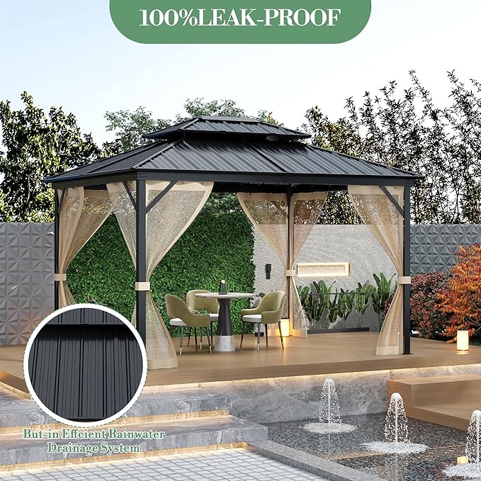 10' x 14' Hardtop Gazebo with Galvanized Steel Double Roof, Heavy Duty Outdoor Gazebo with Netting & Curtains for Patio, Backyard, Deck & Lawn