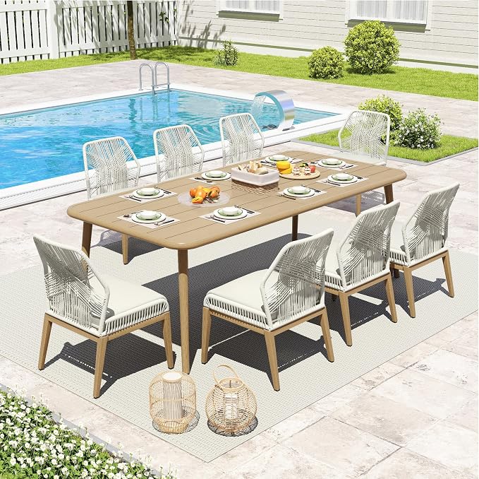 HAPPATIO Outdoor Dining Sets for 8, 9-Piece Patio Table and Chairs Set, Rope Woven Chairs with Cushions, Wood-Grain Aluminum Frame Patio Dining Set for Outside, Lawn, Garden, Backyard