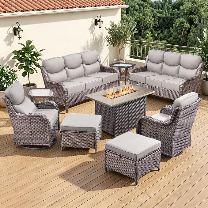 Luxury 6" Thick Cushion 9 Pieces Wicker Patio Furniture Set with 41”Fire Table, Outdoor Conversation Set with Patio Couch and Swivel Rocker Chairs for Deck Porch Yard and Poolside