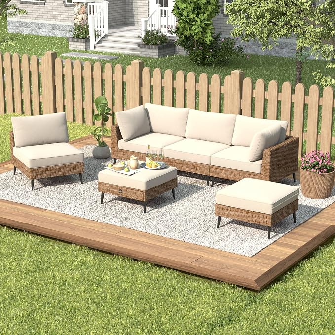 LVUYOYO 6 Pieces Outdoor Patio Furniture Set, Wicker Sectional Sofa Set for All-Weather, Rattan Conversation Sets with Cushions and Storage for Deck, Backyard, Porch (Khaki)