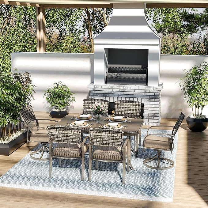 Pamapic 7-Piece Outdoor Dining Set with Table, Patio Furniture Includes 2 Swivel Chairs, 4 Wicker Chairs & Beige Removable Cushions, Weather Resistant Iron Frame for Backyard, Deck, Garden (Beige)
