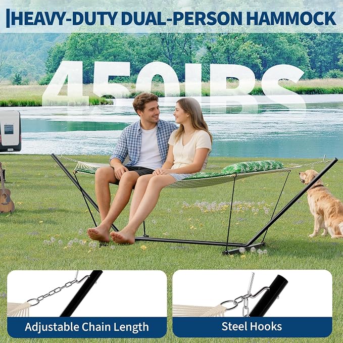 Double Hammock with Stand, Curved Bar Design, 2 Person Large Hammock with 450LBS Capacity, Indoor & Outdoor Hammock with Stand for Backyard, Patio, Garden, Beach & Camping-Light blue and green stripes