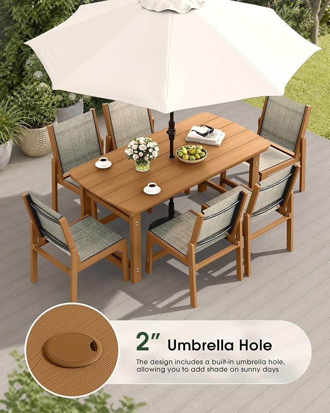 HDPE Outdoor Patio Dining Set with Table & 6 Stackable Armless Textilene Chairs, All-Weather 7-Piece Dining Table Set with Umbrella Hole, Patio Furniture for Garden, Poolside, Backyard, Deck | Teak