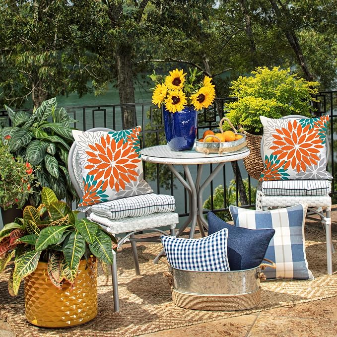 DFXSZ Outdoor Waterproof Pillow Covers 16x16 Set of 2 Orange Grey Flower | Spring Summer Waterproof Flower Throw Pillowcases（No Inserts）Outdoor Decor for Fall Patio Funiture Garden Polyester Covers