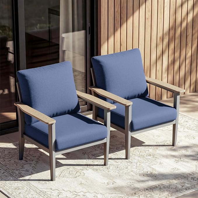 Aluminum Patio Chairs Set of 2, Modern Outdoor Armchairs with Wood-Like Armrests & 5.1" Thick Cushions, Wide Seat Balcony Furniture for Porch, Deck, Navy Blue