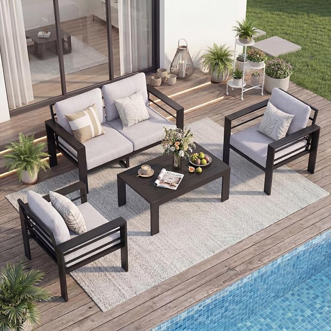 Aluminum Patio Furniture Set, 4 PCS Metal Oversized Outdoor Furniture Set Washable Thick Cushions, 4 Seat Patio Conversation Set with 3.54” Wide armrest and Coffee Table for Patio, Garden