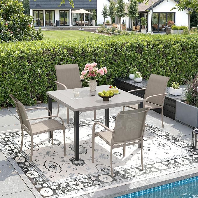 DIFY 5 Pieces Outdoor Patio Dining Set for 4, 40.2" Grey Wood-Like Square Metal Dining Table and 4 Sandshell Stackable Textilene Patio Chairs, Outdoor Table and Chairs for Backyard Garden Poolside