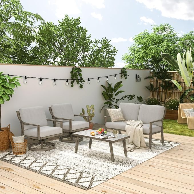 HAPPATIO 4-Piece Patio Furniture Set - Outdoor Aluminum Patio Conversation Set Includes 1 Loveseat, 2 Swivel Chairs, and 1 Coffee Table, Perfect for Porch, Deck, Garden, (Grey)