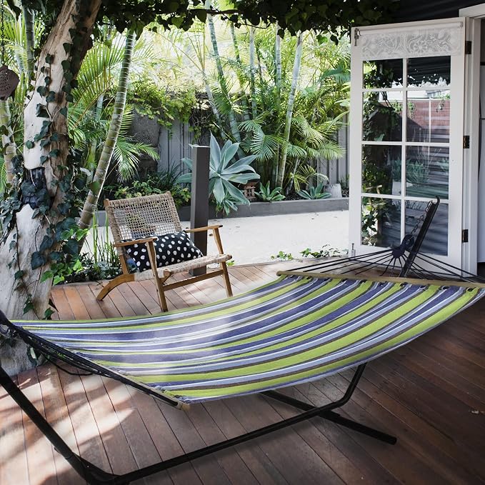 Northlight 32816522 Lime Green and Royal Blue 55" x 78" Stripe Poly Cotton Hammock with Wooden Bars and Tassels