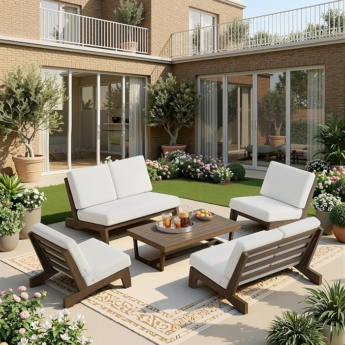 7 Pieces All Weather Wood Patio Furniture Sets, 2 Patio Loveseat, 4 Patio Bistro Chair, Outdoor Sectional Sofa Furniture Backyard Conversation Set with Coffee Table - Beige