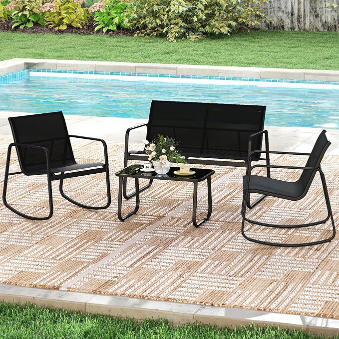 Tangkula 4 Piece Patio Furniture Set, Outdoor Rocking Bistro Set with 2 Rocking Chairs, Loveseat & Tempered Glass Coffee Table, Porch Rocker Chair Conversation Set for Balcony Poolside Garden