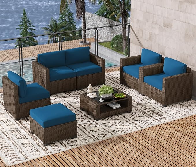 LOUVIXA 7 Piece Outdoor Patio Furniture Set, Rattan Chairs Glass Table Wicker Conversation Seating Sectional Sofa with Cushions (Brown-Peacock Blue, 7Pcs-2 Layer Coffee Table)