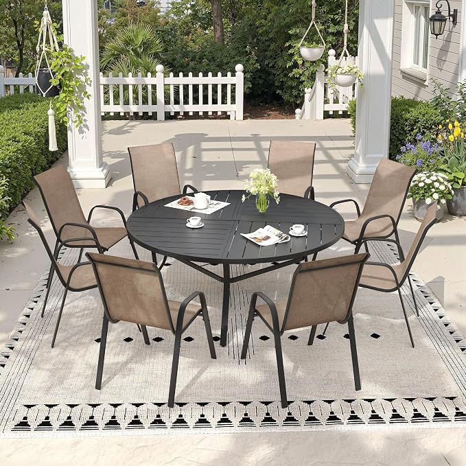 9 Pieces Outdoor Dining Set, 53.1" Spliced Patio Table with Umbrella Hole & Stackable Outdoor Dining Chairs, Patio Furniture Set for Deck Garden Porch, Brown Chairs & Black Table