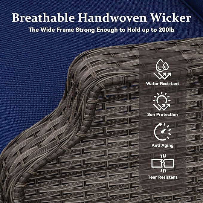 6 Pieces Patio Furniture Set, Outdoor Furniture Set with 2 Patio Swivel Rocking Chairs, 2 Ottoman, 1 Outdoor Wicker Sofa, 1 Metal Table, Ideal for Backyard, Garden, Poolside, Blue