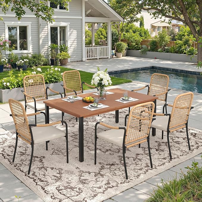DIFY 7 Pieces Outdoor Dining Set, Metal Patio Table and Chairs Set for 6, 63" Rectangle Dining Table with Umbrella Hole & Wicker Stackable Patio Chairs with Cushions, Walnut Tabletop