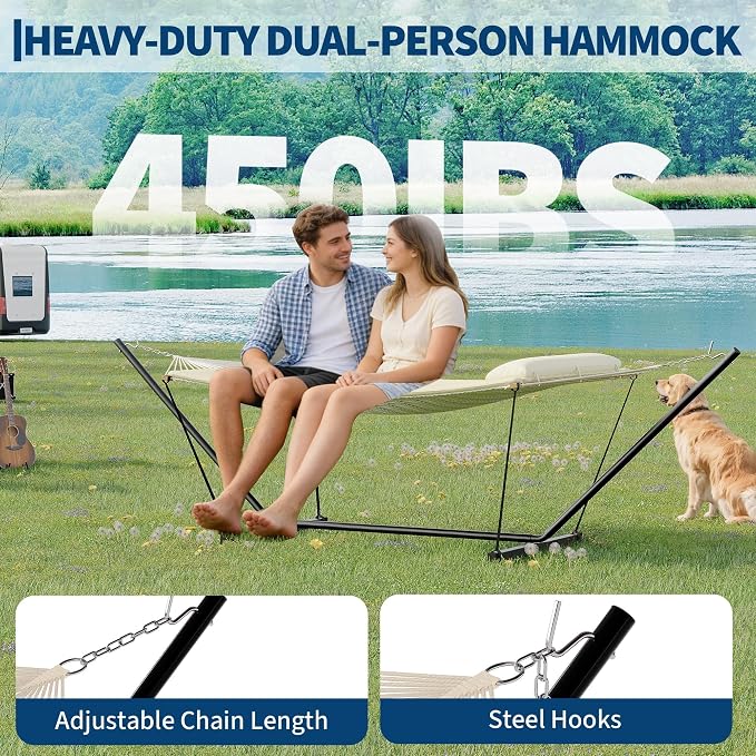 Double Hammock with Stand Curved-Bar Hammock, 450LBS Capacity, 2 Person Large Hammock, Indoor and Outdoor Hammock, Perfect for Backyard Patio Beach