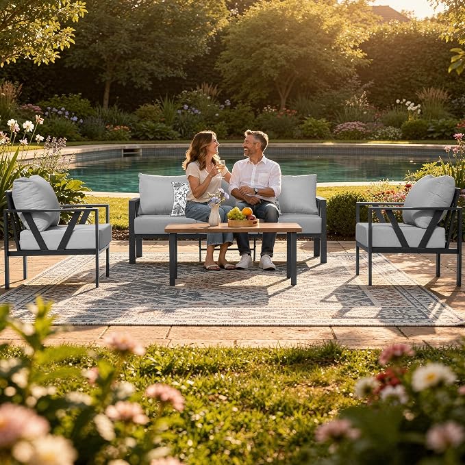 Patio Furniture Set, Metal Outdoor Furniture with Coffee Table, Modern Outdoor Patio Conversation Seating Set,Light Grey