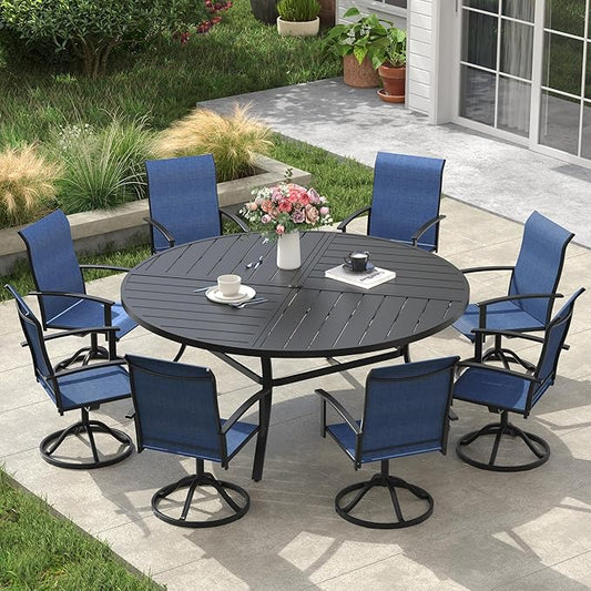 VICLLAX Outdoor Table and Chairs Set for 8, Patio Dining Set of 60" Metal Round Patio Table with Umbrella Hole & 9 Swivel Outdoor Dining Chairs for Backyard Lawn, Dark Blue & Black
