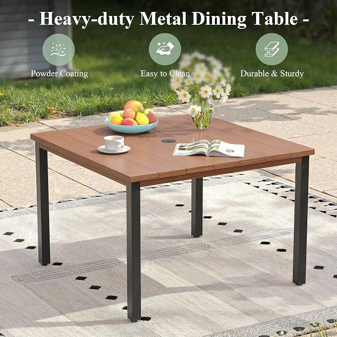5 Pieces Outdoor Dining Set, 40.2" Square Table with Umbrella Hole & Stackable Patio Dining Chairs, Patio Table and Chairs Set for Deck Garden Porch, Brown Chairs & Walnut Table