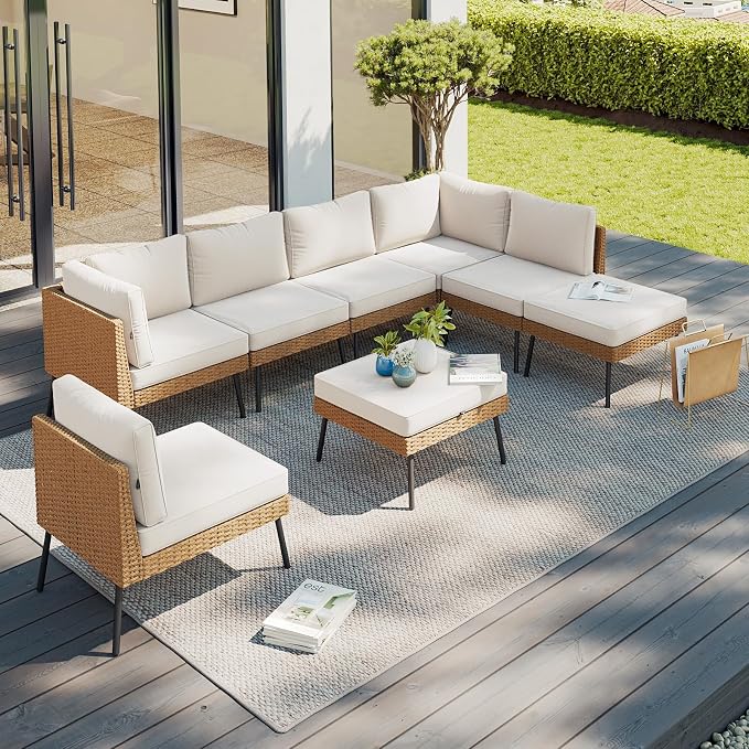 Aoxun 8 Piece Patio Furniture Set, 8 Seats Outdoor Sectional Sofas with Thick Cushion, Wicker Patio Outdoor Furniture Set with Ottomans for Party, Garden, Backyard, Beige