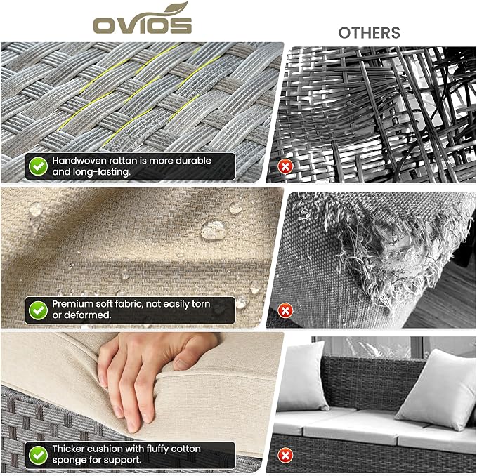 ovios 6 Pieces Patio Furniture Set, Outdoor Wicker Sectional Sofa with Coffee Table Comfy Cushions, Modern Modular Deep Seat Couch Rattan Conversation Set, Beige