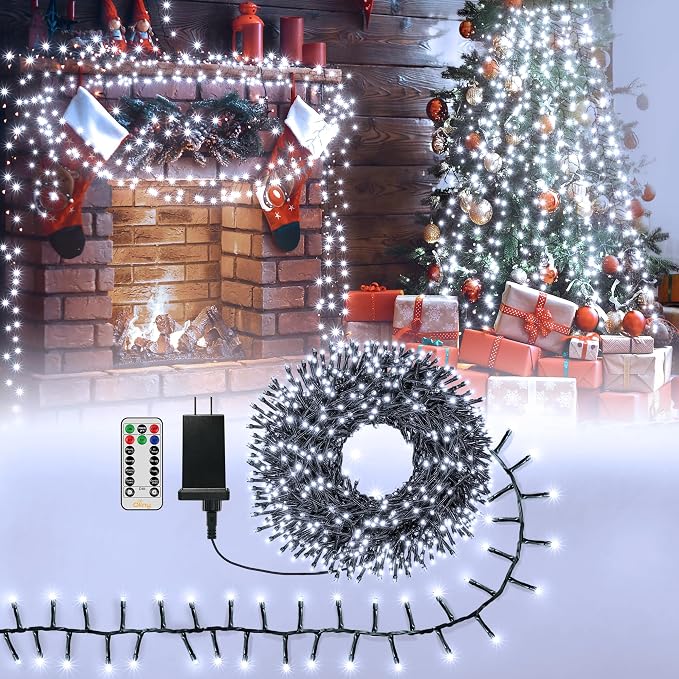 Ollny Cluster Lights Christmas 400LED 20FT, Cool White Christmas Tree Lights 8 Modes Timer Remote, Waterproof Connectable String Lights for Outdoor Indoor Outside Garland Xmas Decorations