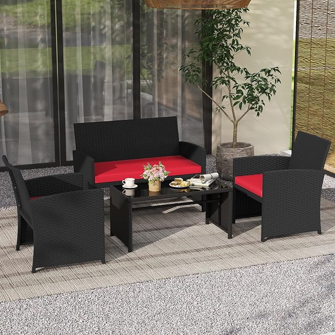 Tangkula 4 Pices Patio Wicker Furniture Set, Outdoor Heavy Duty Rattan Cushioned Chairs, Loveseat and Tempered Glass Coffee Table, for Backyard, Balcony, Poolside