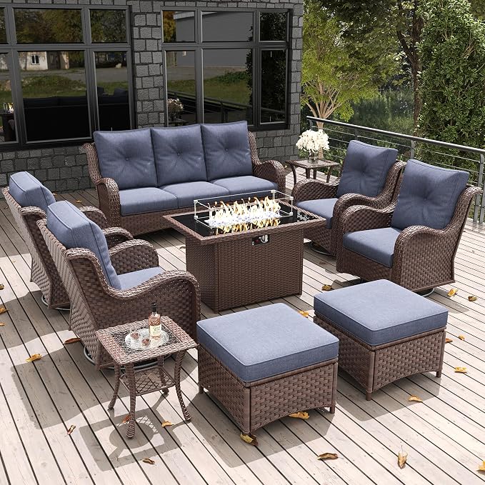 LayinSun 10 Pieces Outdoor Patio Furniture Set with Fire Pit Table, Rattan Wicker Sectional Swivel Rocker Chairs Sets with Ottomans, Swivel Glider Chairs and Coffee Table