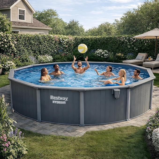 Bestway Hydrium 18' x 52" Above Ground Pool, Round Steel Side Wall Frame Outdoor Swimming Pool Set with Sand Filter Pump, Polysphere Filtration Balls, Ladder & Accessories