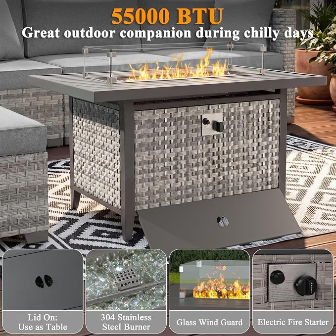 10 Piece Wicker Patio Furniture Set with 55,000 BTU Fire Pit Table, Swivel Rocking Chairs, 4''Cushions, PE Rattan, Wind Guard Glass, for Backyard, Deck or Balcony, Grey