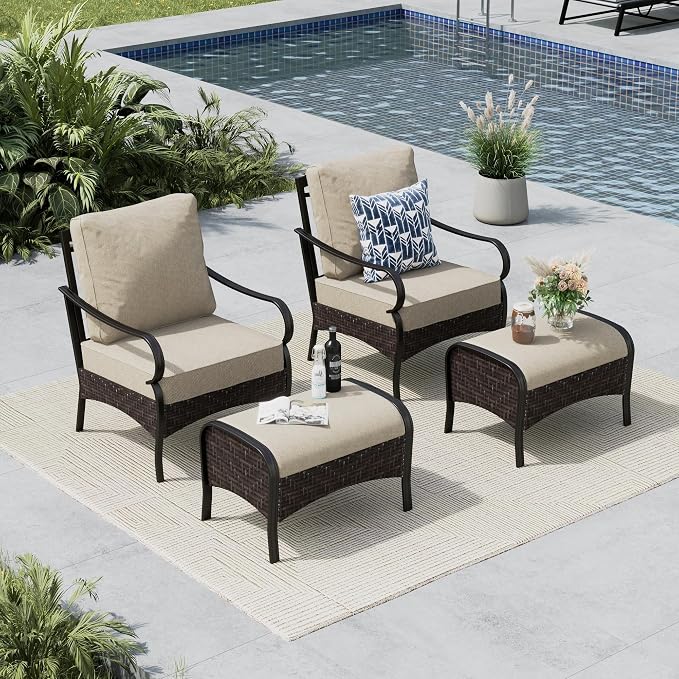 MFSTUDIO 4 Pieces Outdoor Patio Furniture Set, Metal Outdoor Conversation Sofa, Rattan Wicker Patio Sectional Sofa Set with 2 x Fixed Single Sofa, 2 x Ottoman, Beige